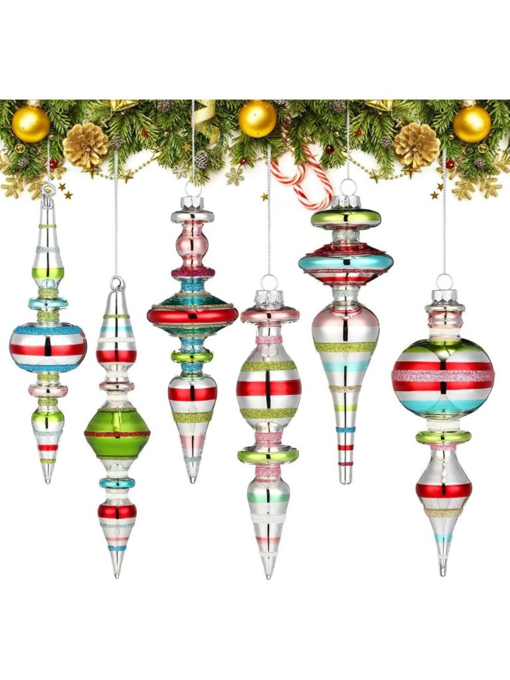 Vintage Glass Finial Christmas Ornaments Set - Classic Holiday Decor, 6 Pcs